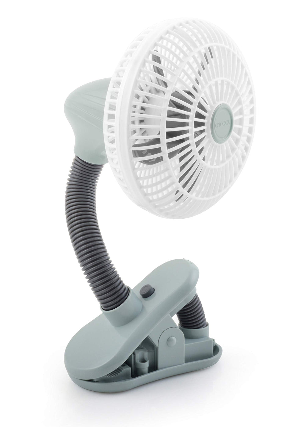 O2COOL 4-Inch Clip-On Stroller Fan attached to a stroller for cooling on the go