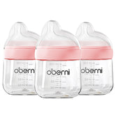 Oberni baby bottle with slow off-centered nipple improves latch and feeding comfort.