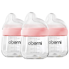 Oberni baby bottle with slow off-centered nipple improves latch and feeding comfort.