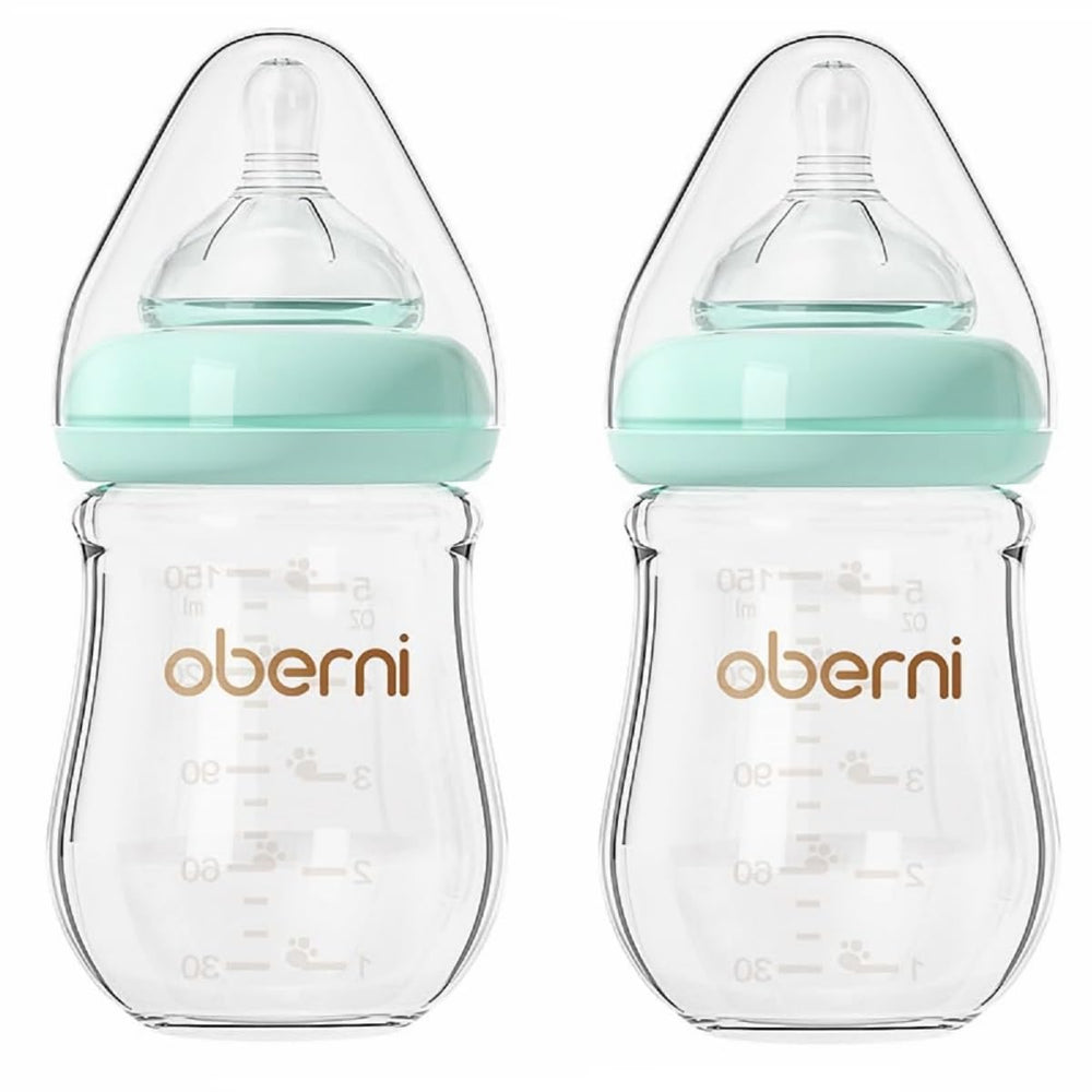 Oberni glass baby bottle with wide neck for easy filling and cleaning.