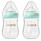 Oberni glass baby bottle with wide neck for easy filling and cleaning.