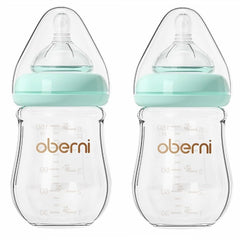 Oberni glass baby bottle with wide neck for easy filling and cleaning.