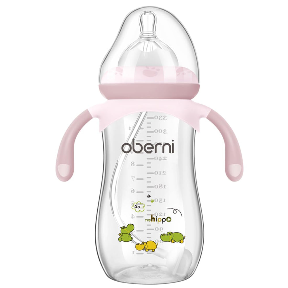 Oberni PP baby bottle with handle in pink, easy grip for tiny hands.