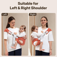 Oblitor toddler carrier left-strap adjustment enabling left-shoulder wear and even weight distribution.