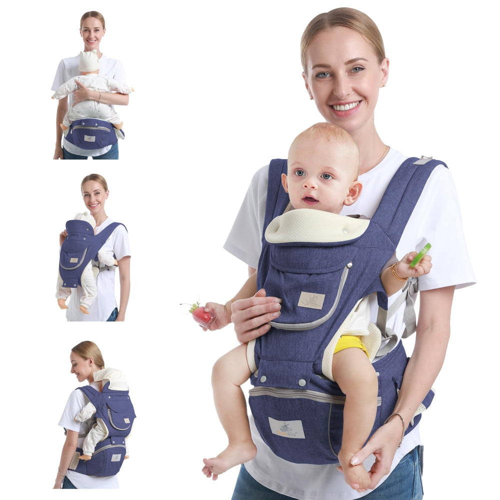 Ocanoiy baby hip seat carrier, front view, ergonomic support for parent and baby during daily tasks.