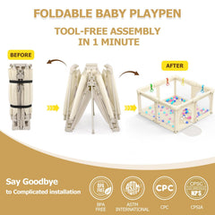 OCATO foldable playpen folded for compact storage in small spaces.