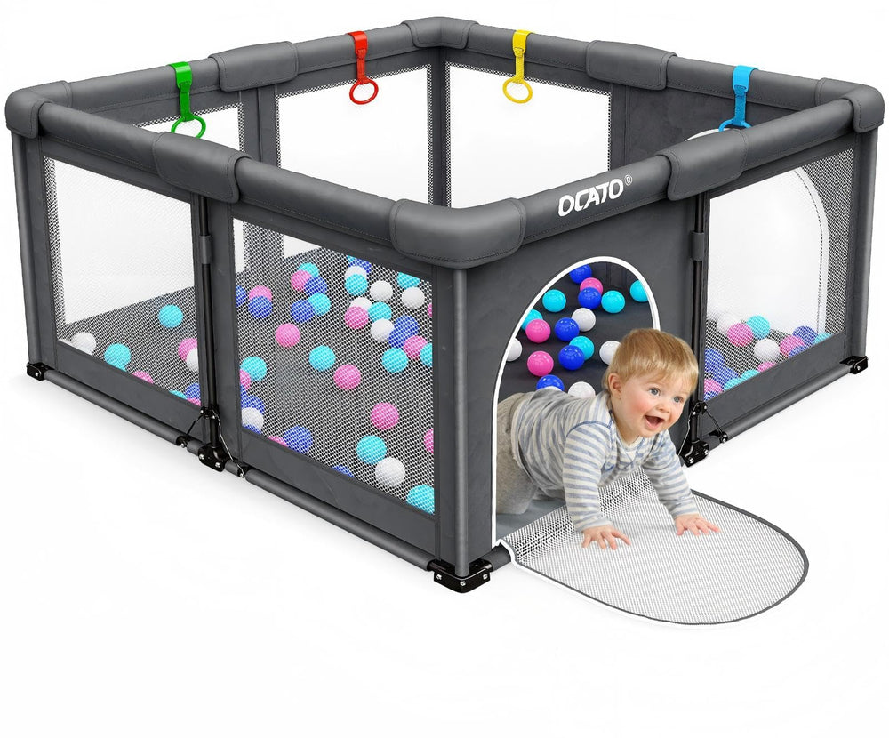 OCATO Baby Playpen folded compact for travel and storage.
