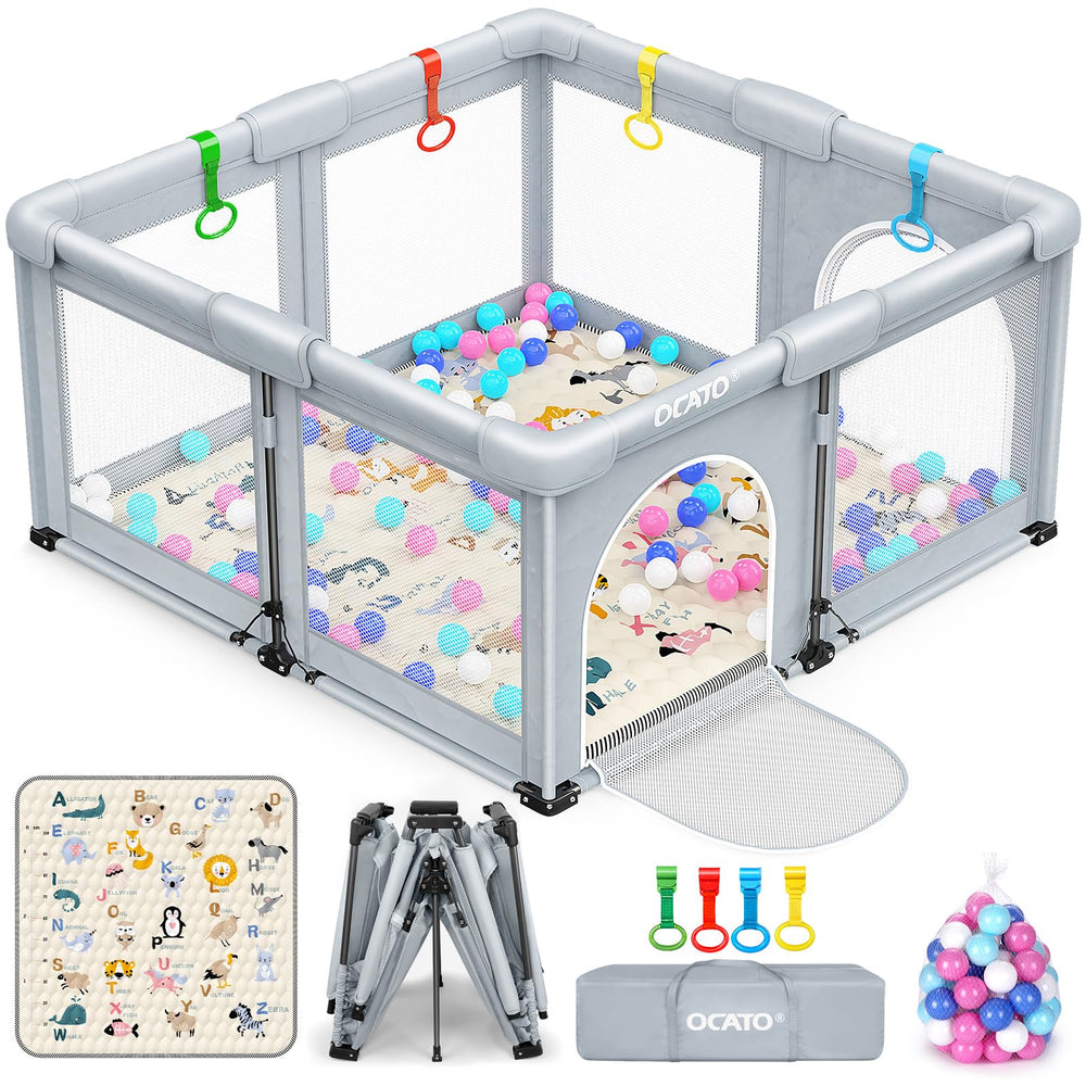 OCATO baby playpen with mat folded compactly for easy storage and travel.