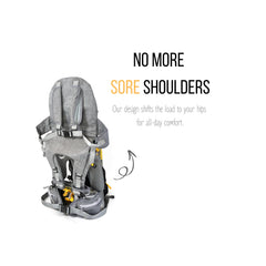 OE carrier worn by parent with detachable backpack for versatility