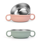 OFFKITSLY stainless steel baby bowls 2-pack with handles for easy feeding.