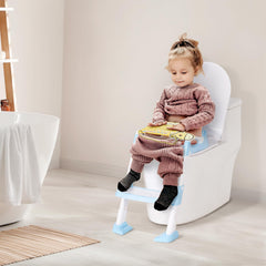 OHKIDS potty training seat blue side view emphasizes ergonomic handles for easy transitions.