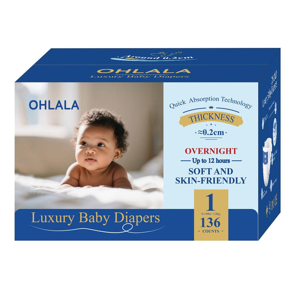 OHLALA Luxury Diapers Size 1 pack front view highlighting hypoallergenic packaging for sensitive skin.