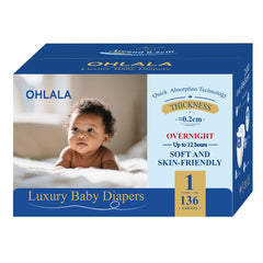 OHLALA Luxury Diapers Size 1 pack front view highlighting hypoallergenic packaging for sensitive skin.