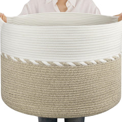 OIAHOMY 105L blanket basket in light brown and white, sturdy rope for storing blankets neatly.