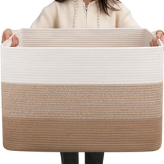 OIAHOMY 108L blanket basket in gradient light brown for easy living room organization.