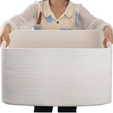 OIAHOMY 75L blanket basket with cotton rope, ideal for pillows and throws.