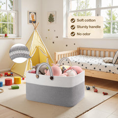 OIAHOMY large blanket basket gradient grey with white handles for easy carry.