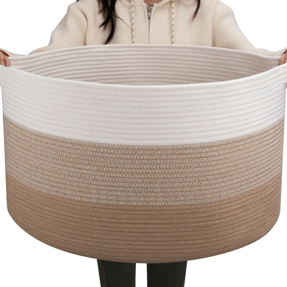 OIAHOMY 90L blanket basket with handles, close-up shows sturdy grip for easy transport.