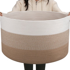 OIAHOMY 90L blanket basket with handles, close-up shows sturdy grip for easy transport.