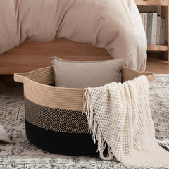 OIAHOMY 90L blanket basket with handles visible for easy carrying.