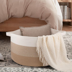 OIAHOMY blanket basket in a living room setup highlights stylish storage and clutter reduction.