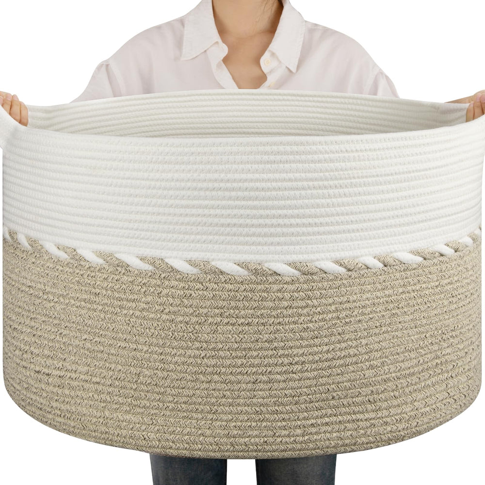 OIAHOMY 90L blanket basket in the living room for clutter-free storage.