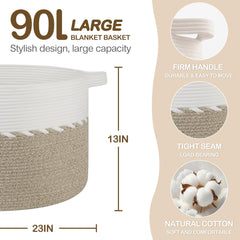 OIAHOMY blanket basket close-up showcases sturdy cotton rope handles.