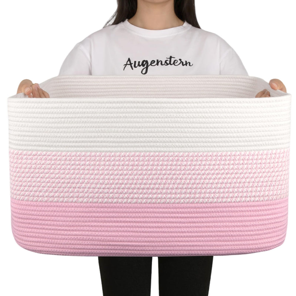 OIAHOMY blanket basket pink and white front view for large blanket storage