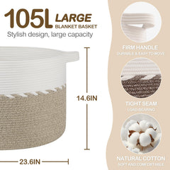 OIAHOMY blanket basket with sturdy handles for easy transport of blankets and toys.