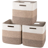 OIAHOMY cotton rope storage bin on gradient brown shelf for tidy organization.