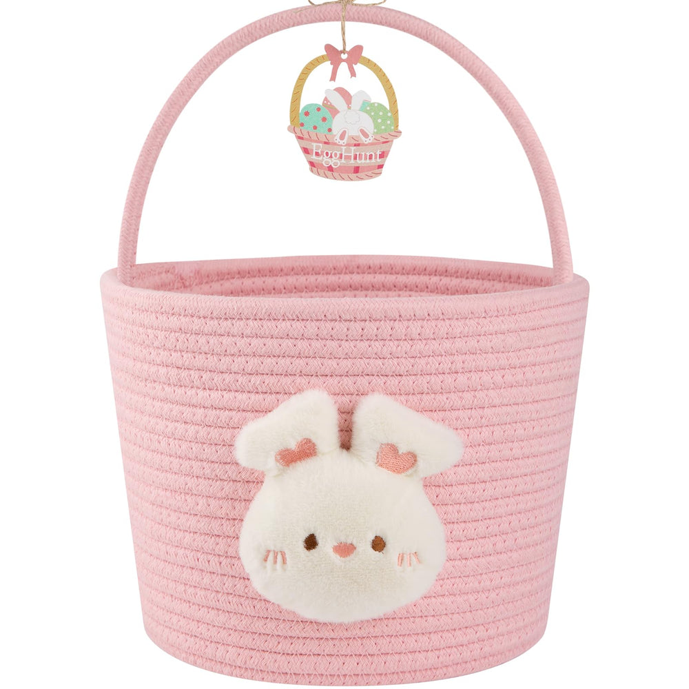 OIAHOMY Easter basket with handle and bunny doll, ideal for easy egg hunts and kid-friendly transport