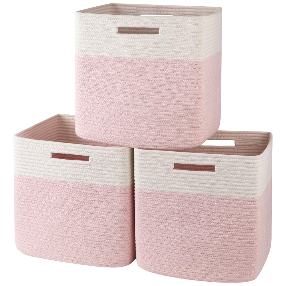 OIAHOMY Kallax bin pink-white weave keeps toys organized with style.