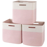 OIAHOMY Kallax bin pink-white weave keeps toys organized with style.