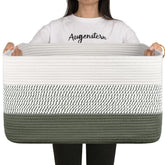 OIAHOMY large blanket basket front view in green and white for nursery storage