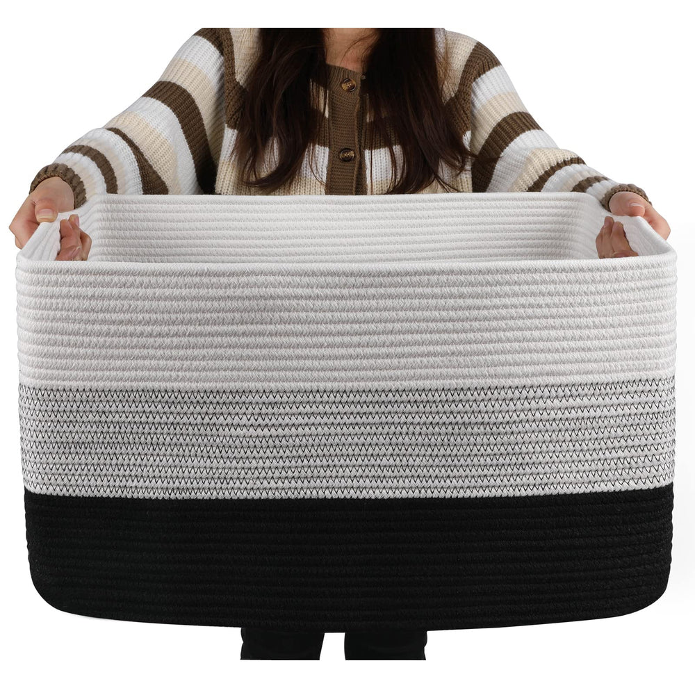 OIAHOMY gradient-black large blanket basket with sturdy handles for easy transport.