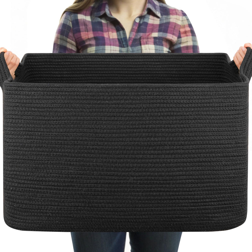 OIASKET 95L large blanket basket in black for easy storage in living rooms.