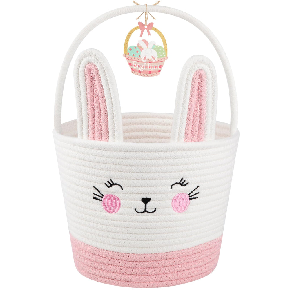 OIASKET toddler Easter basket front view in pink and white, perfect for egg hunts.