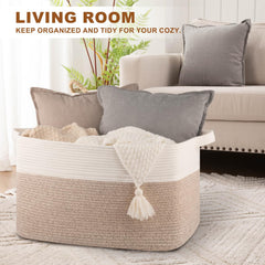 OIASKET living room basket for pillows and blankets blends with brown and white decor.