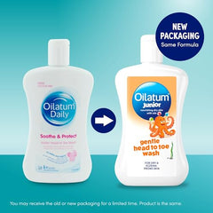 Oilatum Daily Junior Head To Toe Wash back label explains daily use from day one