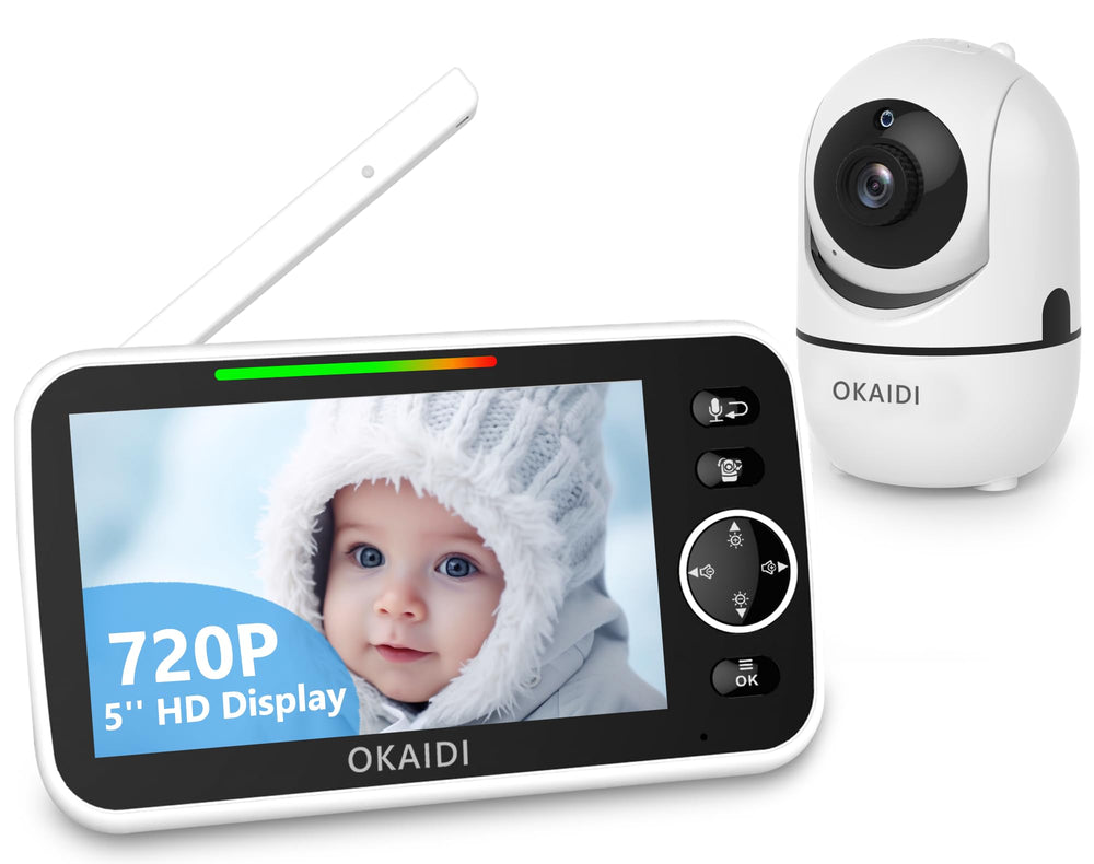OKAIDI 5-inch baby monitor display shows crisp 720p video for clear baby viewing.