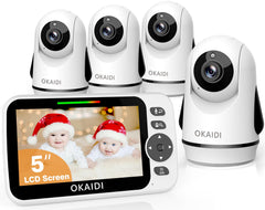 OKAIDI video monitor with four cameras on a 5-inch display for comprehensive baby viewing.