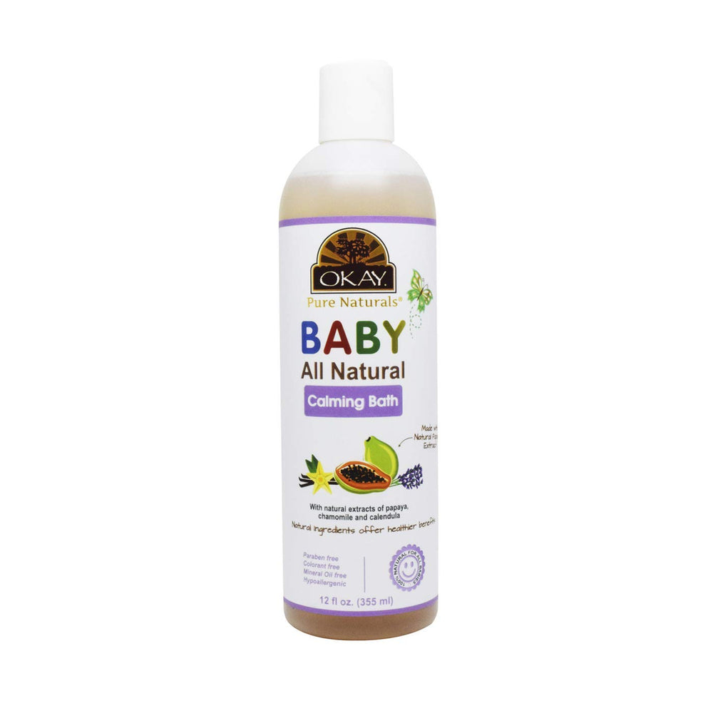 OKAY Baby Calming Bath papaya extract bottle showing natural ingredients and gentle cleanse