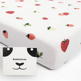 Okayinn BubblePanda bamboo crib sheet in strawberry shows soft fabric for baby comfort.