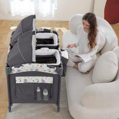 Okaytwins Twin Bassinet Setup with two portable bassinet attachments for flexible newborn sleep.
