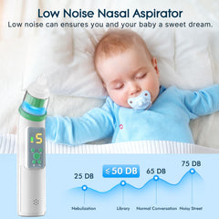 Okimos nasal aspirator with music and light function soothing baby during use.