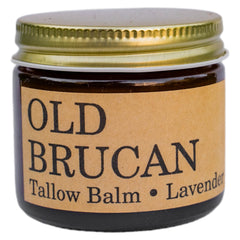Old Brucan beef tallow balm jar with lavender for soothing dry skin.