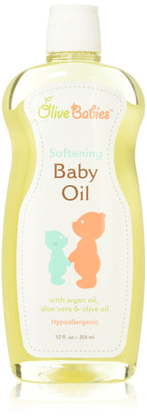 Olive Babies Baby Oil bottle showing nourishing blend for delicate skin and daily moisture