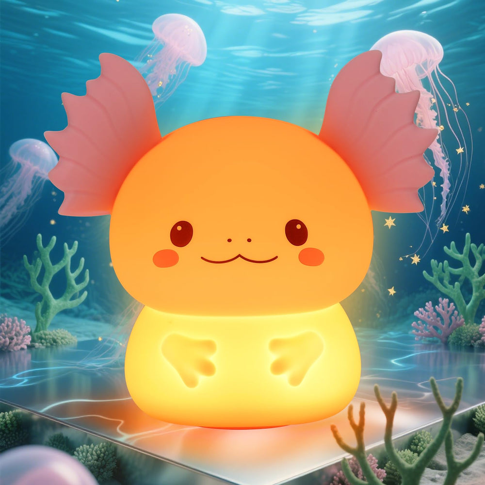 ollycasa axolotl night light showing warm glow for a calming bedtime routine.