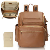 Omanmoli diaper bag backpack in brown leather showcasing 17 pockets for organized on-the-go storage.