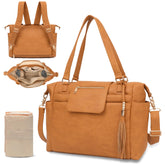 Omanmoli leather diaper bag tote exterior with gold hardware for stylish daily use.